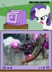 Size: 560x772 | Tagged: safe, imported from derpibooru, rarity, giant crab, challenge accepted, e3, e3 2006, exploitable meme, filly, genji, rarity fighting a giant crab, tv meme