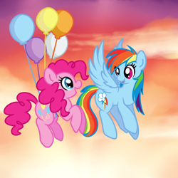 Size: 700x700 | Tagged: safe, artist:littlepinkalpaca, imported from derpibooru, pinkie pie, rainbow dash, balloon, then watch her balloons lift her up to the sky