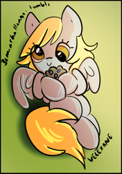 Size: 644x916 | Tagged: safe, artist:velexane, imported from derpibooru, derpy hooves, pegasus, pony, 30 minute art challenge, c:, chibi, cute, derpabetes, female, hoof hold, mare, muffin, smiling, solo, spread wings