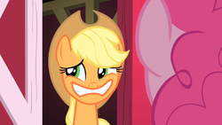 Size: 800x450 | Tagged: safe, imported from derpibooru, screencap, applejack, pinkie pie, party of one, bad poker face, faic