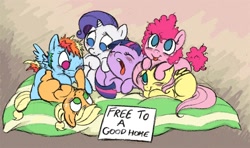 Size: 1000x590 | Tagged: safe, artist:bitter-knitter, imported from derpibooru, applejack, fluttershy, pinkie pie, rainbow dash, rarity, twilight sparkle, adoption, blank flank, cute, dashabetes, diapinkes, female, filly, filly applejack, filly fluttershy, filly pinkie pie, filly rainbow dash, filly rarity, filly six, filly twilight sparkle, jackabetes, mane six, playing, puppy ponies, raribetes, shyabetes, twiabetes, yawn, younger