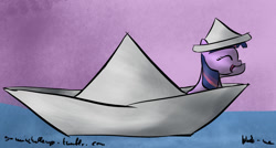 Size: 1280x688 | Tagged: safe, artist:neko-me, imported from derpibooru, twilight sparkle, pony, 30 minute art challenge, eyes closed, female, filly, filly twilight sparkle, hat, paper boat, paper hat, solo, water, younger