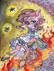 Size: 440x581 | Tagged: safe, artist:foxda, imported from derpibooru, pinkie pie, earth pony, pony, friendship is witchcraft, bard, bipedal, clothes, dress, ear piercing, earring, female, fire, flower, gypsy pie, hyacinth, jewelry, piercing, solo, traditional art