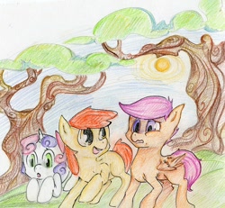 Size: 686x634 | Tagged: safe, artist:foxda, imported from derpibooru, apple bloom, scootaloo, sweetie belle, earth pony, pegasus, pony, unicorn, blank flank, cutie mark crusaders, female, filly, traditional art, trio