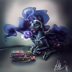 Size: 4000x4000 | Tagged: safe, artist:alumx, imported from derpibooru, nightmare moon, pony, absurd resolution, cupcake, elements of harmony, fangs, female, food, platter, solo