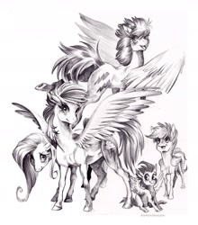 Size: 2100x2381 | Tagged: safe, artist:aspendragon, imported from derpibooru, firefly, fluttershy, pound cake, rainbow dash, scootaloo, g1, grayscale, simple background