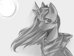 Size: 1600x1200 | Tagged: safe, artist:meewin, imported from derpibooru, princess luna, pony, cloak, clothes, female, grayscale, monochrome, moon, sketch, solo