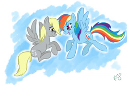 Size: 1500x1000 | Tagged: safe, artist:kaotikjuju, imported from derpibooru, derpy hooves, rainbow dash, pegasus, pony, derpydash, female, lesbian, mare, shipping, wink