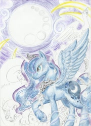 Size: 2211x3075 | Tagged: safe, artist:winged-dragoness, imported from derpibooru, princess luna, alicorn, bear, bird, pony, scorpion, swan, ursa, ursa major, cygnus, female, mare, moon, raised hoof, scorpio, traditional art, wip