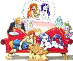 Size: 1350x1125 | Tagged: safe, artist:irie-mangastudios, imported from derpibooru, rarity, spike, couch, crossover, gem, nami, one piece, thought bubble, traditional art, treasure, vinsmoke sanji