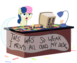 Size: 5000x4100 | Tagged: safe, artist:zutheskunk, imported from derpibooru, bon bon, sweetie drops, earth pony, pony, absurd resolution, computer, desk, female, frown, lamp, looking at you, meh, open mouth, simple background, solo, transparent background, unamused