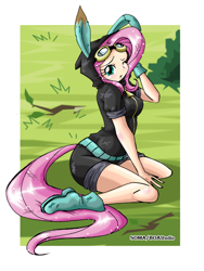 Size: 600x800 | Tagged: safe, artist:boastudio, imported from derpibooru, fluttershy, human, adorasexy, boots, bunny ears, clothes, cute, dangerous mission outfit, female, gloves, goggles, hoodie, humanized, looking at you, one eye closed, sexy, shoes, solo, tailed humanization