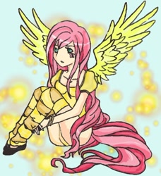 Size: 600x657 | Tagged: safe, artist:s0ldler, imported from derpibooru, fluttershy, human, female, humanized, solo, tailed humanization, winged humanization
