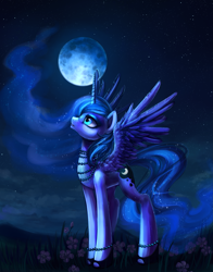Size: 2005x2557 | Tagged: safe, artist:nyarmarr, imported from derpibooru, princess luna, alicorn, pony, absurd resolution, blue eyes, cloud, ethereal mane, female, high res, horn, jewelry, looking up, moon, necklace, night, pearl necklace, regalia, solo, spread wings, stars, wings