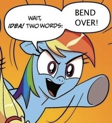 Size: 334x366 | Tagged: safe, imported from derpibooru, rainbow dash, bend over, exploitable meme, meme, two words meme