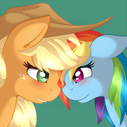 Size: 650x650 | Tagged: safe, artist:ratofdrawn, imported from derpibooru, applejack, rainbow dash, accessory, appledash, blushing, duo, eye contact, female, hat, lesbian, lip bite, looking at each other, shipping, simple background, smiling