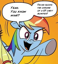 Size: 334x366 | Tagged: safe, idw, imported from derpibooru, applejack, rainbow dash, comic, exploitable meme, meme, texas, the man they call ghost, true capitalist radio, two words meme