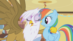 Size: 1280x720 | Tagged: safe, imported from derpibooru, screencap, gilda, rainbow dash, griffon, griffon the brush off, hug