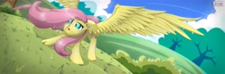 Size: 7087x2362 | Tagged: safe, artist:unnop64, imported from derpibooru, fluttershy, pony, female, solo, windswept mane