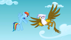 Size: 1280x720 | Tagged: safe, imported from derpibooru, screencap, gilda, rainbow dash, griffon, griffon the brush off, argument, faic, flying, junior speedsters chant