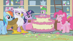 Size: 1280x720 | Tagged: safe, imported from derpibooru, screencap, gilda, pinkie pie, rainbow dash, spike, twilight sparkle, griffon, griffon the brush off, angry, cake