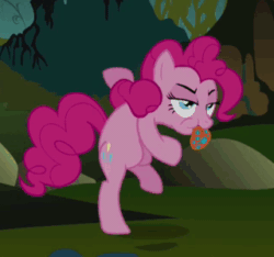 Size: 320x300 | Tagged: safe, imported from derpibooru, screencap, pinkie pie, pony, bridle gossip, animated, bipedal, cropped, dancing, evil enchantress, female, hopping, loop, solo, spitty pie, tongue out