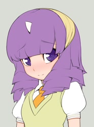 Size: 640x867 | Tagged: safe, artist:doxy, imported from derpibooru, twilight sparkle, human, blushing, bust, clothes, female, gray background, horned humanization, humanized, light skin, looking at you, simple background, solo