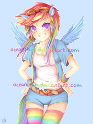Size: 600x799 | Tagged: safe, artist:oceanchan, imported from derpibooru, rainbow dash, human, clothes, eared humanization, goggles, humanized, solo, tailed humanization, thigh highs, winged humanization
