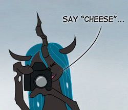 Size: 400x346 | Tagged: safe, imported from derpibooru, queen chrysalis, changeling, camera, female, gray background, simple background, solo