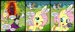 Size: 1700x742 | Tagged: safe, artist:madmax, imported from derpibooru, angel bunny, fluttershy, pegasus, pony, rabbit, akuma, animal, basket, bunny ears, buttercream sundae, buttercream sunday, comic, crossover, dc comics, easter, easter egg, egg, grenade, katamari damacy, littlest pet shop, street fighter, the joker