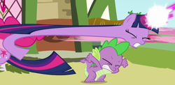 Size: 640x312 | Tagged: safe, imported from derpibooru, screencap, pinkie pie, spike, twilight sparkle, dragon, season 3, too many pinkie pies, animation error, great moments in animation, long neck, magic, male, neck, smear frame, tackle, wat