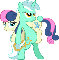 Size: 5000x5034 | Tagged: safe, artist:artpwny, imported from derpibooru, bon bon, lyra heartstrings, sweetie drops, earth pony, pony, unicorn, absurd resolution, belly, bipedal, bon bon is not amused, butt touch, carrying, duo, female, fireman carry, hoof on butt, human behavior, lyre, mare, ready, simple background, transparent background, unamused, vector