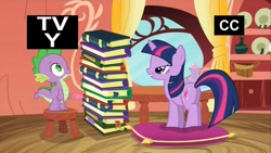 Size: 1920x1080 | Tagged: safe, imported from derpibooru, screencap, spike, twilight sparkle, dragon, pony, spike at your service, book, bookworm, butt, female, golden oaks library, library, lidded eyes, male, mare, out of context, plot