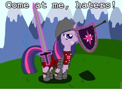 Size: 900x655 | Tagged: safe, imported from derpibooru, twilight sparkle, pony, unicorn, armor, come at me bro, crossover, female, haters gonna hate, helmet, image macro, magic, magic aura, mare, mount and blade, shield, solo, sword, telekinesis, unicorn twilight, warrior twilight sparkle, weapon