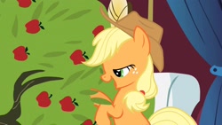 Size: 1920x1080 | Tagged: safe, imported from derpibooru, screencap, applejack, bloomberg, over a barrel, apple, apple tree, lidded eyes, out of context, tree