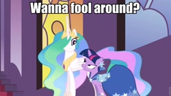 Size: 960x540 | Tagged: safe, edit, edited screencap, imported from derpibooru, screencap, princess celestia, twilight sparkle, alicorn, pony, unicorn, the best night ever, bedroom eyes, caption, clothes, dress, female, gala dress, grand galloping gala, image macro, innuendo, mare, out of context, shipping, twilestia