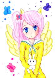 Size: 2597x3673 | Tagged: safe, artist:itsrainingclouds, imported from derpibooru, angel bunny, fluttershy, eared humanization, humanized, traditional art, winged humanization