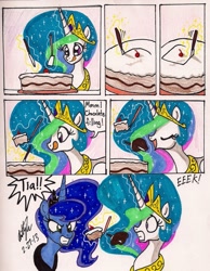 Size: 1327x1711 | Tagged: safe, artist:newyorkx3, imported from derpibooru, princess celestia, princess luna, cake, cakelestia, comic, tongue out, traditional art