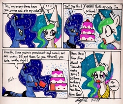 Size: 1543x1307 | Tagged: safe, artist:newyorkx3, imported from derpibooru, princess celestia, princess luna, cake, cakelestia, comic, crying, dunce hat, hat, pure unfiltered evil, this will end in tears, this will not end well, traditional art, you monster