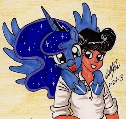 Size: 907x855 | Tagged: safe, artist:newyorkx3, imported from derpibooru, princess luna, human, cute, friendship, happy, lunabetes, self insert, smiling, spread wings, traditional art