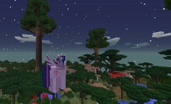 Size: 1500x910 | Tagged: safe, imported from derpibooru, twilight sparkle, alicorn, pony, female, flying, forest, game screencap, giant mushroom, mare, mine little pony, minecraft, mod, tree, twilight sparkle (alicorn)