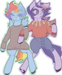 Size: 697x840 | Tagged: safe, artist:thedeermiddleground, imported from derpibooru, rainbow dash, twilight sparkle, anthro, pegasus, semi-anthro, unicorn, bipedal, clothes, eyebrows, scarf, shipping, twidash