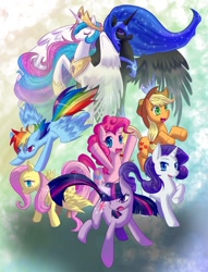 Size: 744x973 | Tagged: safe, artist:whitephox, imported from derpibooru, applejack, fluttershy, nightmare moon, pinkie pie, princess celestia, rainbow dash, rarity, twilight sparkle, mane six