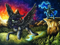 Size: 1280x960 | Tagged: safe, artist:dimwitdog, imported from derpibooru, nightmare moon, oc, oc:rome silvanus, alicorn, pegasus, pony, commission, traditional art, watercolor painting