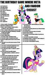 Size: 942x1545 | Tagged: safe, imported from derpibooru, lyra heartstrings, midnight strike, twilight sparkle, wild fire, oc, oc:fausticorn, oc:fluffle puff, oc:high stakes, oc:nyx, oc:ticket, alicorn, pony, princess molestia, alicorn oc, birthday game, exploitable meme, fluffy, jappleack, john de lancie, meme, sibsy, tiara ultima, twilight sparkle (alicorn)