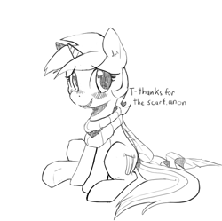 Size: 961x956 | Tagged: safe, artist:mewball, imported from derpibooru, lyra heartstrings, pony, black and white, blushing, clothes, dialogue, female, grayscale, implied anon, monochrome, scarf, simple background, smiling, solo, white background