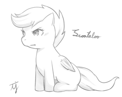 Size: 740x590 | Tagged: safe, artist:japananon, imported from derpibooru, scootaloo, pegasus, pony, monochrome, pixiv, solo