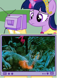 Size: 438x600 | Tagged: safe, imported from derpibooru, twilight sparkle, alicorn, kaiju, pony, burning godzilla, exploitable meme, female, godzilla, godzilla (series), godzilla junior, godzilla vs destoroyah, mare, sad, tv meme, twilight sparkle (alicorn)