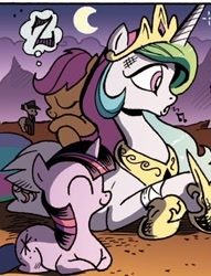 Size: 279x366 | Tagged: safe, idw, imported from derpibooru, observer (character), princess celestia, scootaloo, twilight sparkle, alicorn, earth pony, pegasus, pony, unicorn, the return of queen chrysalis, spoiler:comic, spoiler:comic04, ^^, behaving like a cat, crown, cute, cutealoo, eyes closed, female, filly, fringe, idw is trying to murder us, jewelry, male, mare, momlestia, moon, official comic, onomatopoeia, ponyloaf, prone, regalia, scootalove, sleeping, sound effects, stallion, sweet dreams fuel, twiabetes, twilight cat, unicorn twilight, whistling, z, zzz