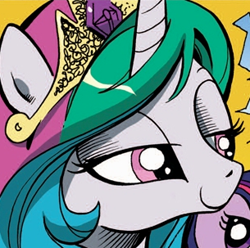 Size: 305x303 | Tagged: safe, idw, imported from derpibooru, princess celestia, the return of queen chrysalis, spoiler:comic, spoiler:comic04, cropped, jewelry, lidded eyes, smiling, tiara